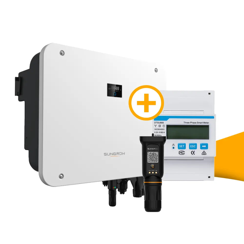 Sungrow Hybrid SH15T hybride omvormer incl. smartmeter v11 voor zonnepanelen, geschikt voor batterijopslag en slim energiebeheer, kopen bij solago.nl, op witte achtergrond met oranje podium