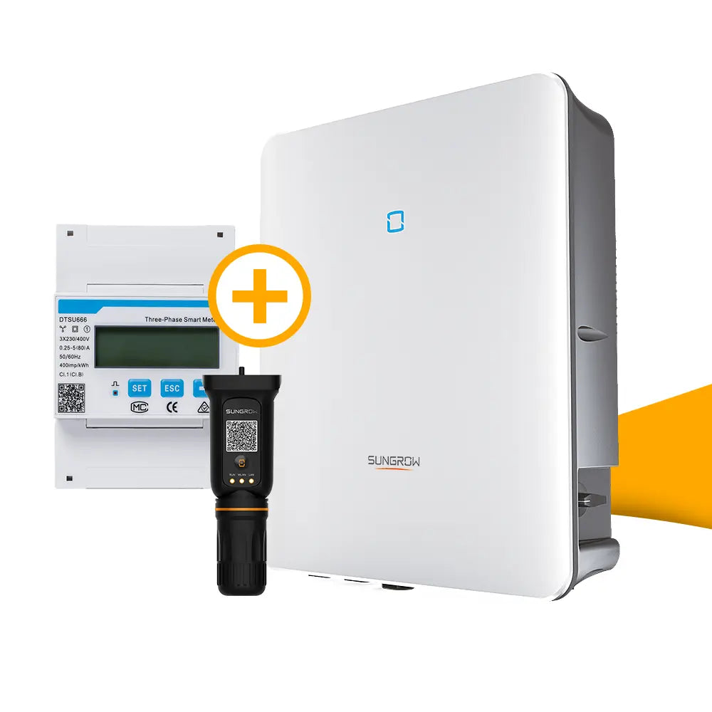 Sungrow Hybrid SH5/SH6/SH8/SH10 0RT hybride omvormer incl. smartmeter v112 voor zonnepanelen, geschikt voor batterijopslag en slim energiebeheer, bestellen bij solago.nl, op witte achtergrond met oranje podium